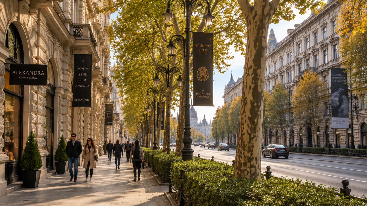 Tree lined Andrássy Avenue in Budapest on an autumn afternoon