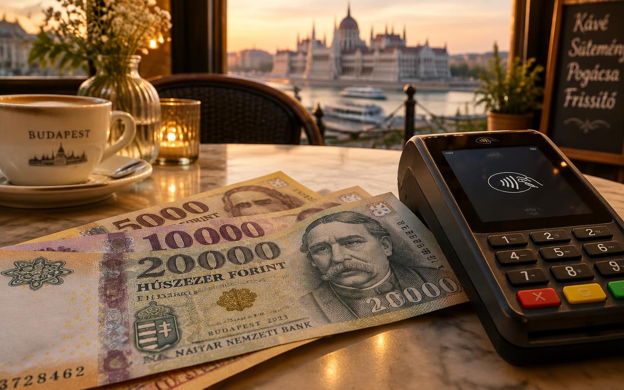 Hungarian forint banknotes and a contactless card terminal on a café table in Budapest