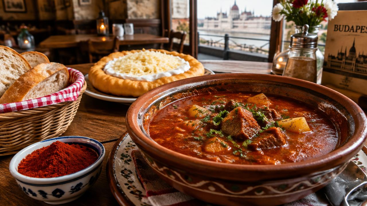 Hungarian goulash soup, lángos and fresh bread on a table in a cosy Budapest restaurant