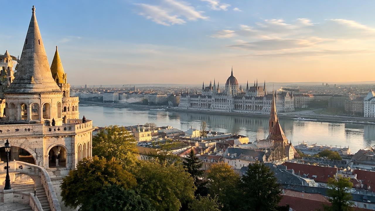 Budapest panorama from Fisherman's Bastion with Parliament and the Danube in morning light