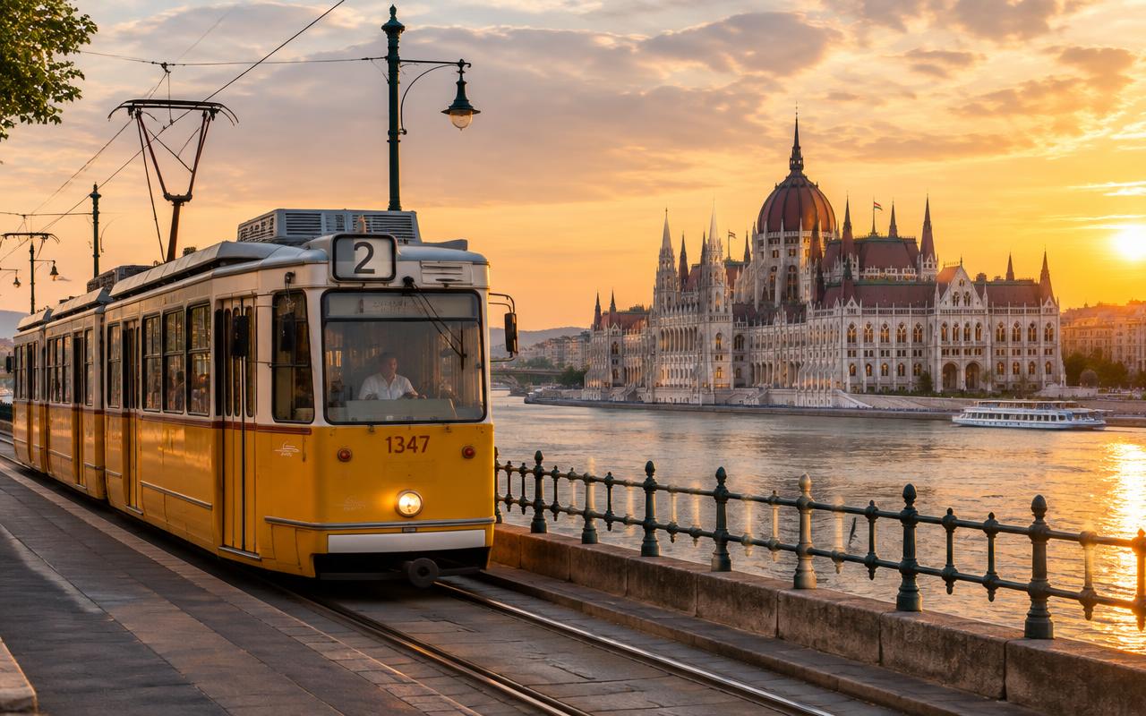 Yellow Budapest tram number 2 along the Danube with the Parliament at sunset