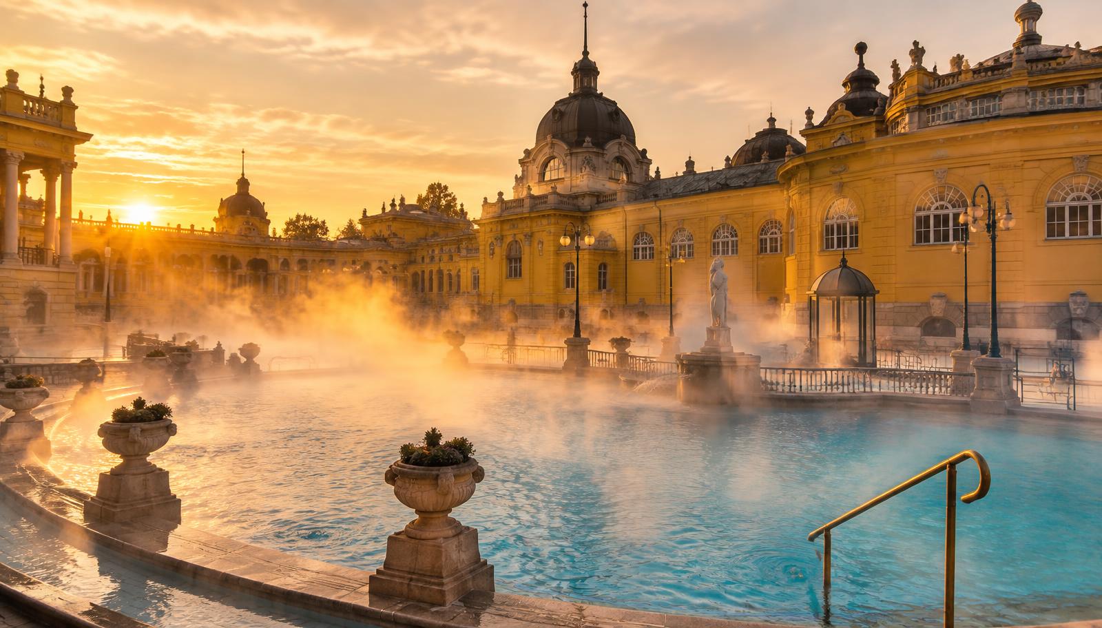 Steaming outdoor thermal pools of the Széchenyi Bath at sunrise