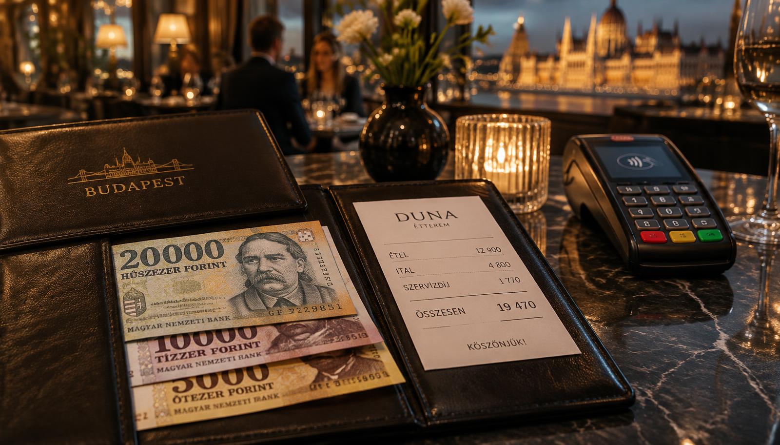 Restaurant bill with Hungarian forint banknotes and a card terminal in Budapest