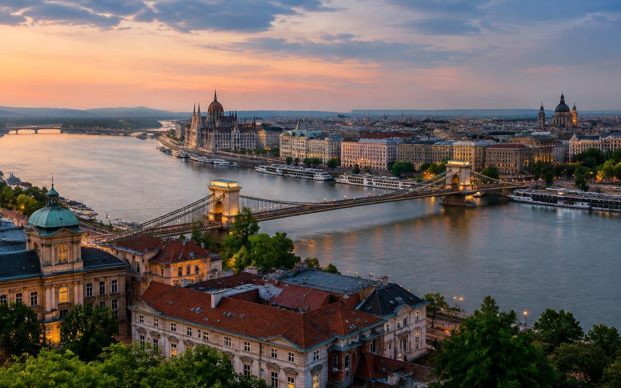 View from Buda over the Danube and Chain Bridge towards Pest and the Parliament at dusk