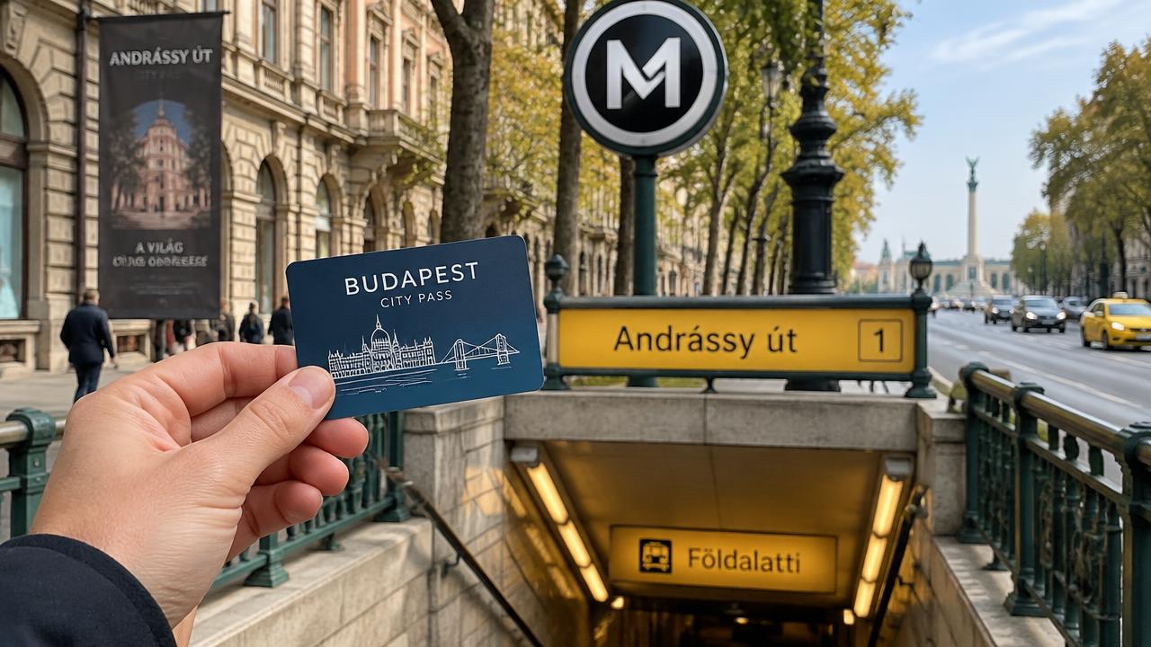 Visitor holding a city pass card in front of a Budapest metro entrance