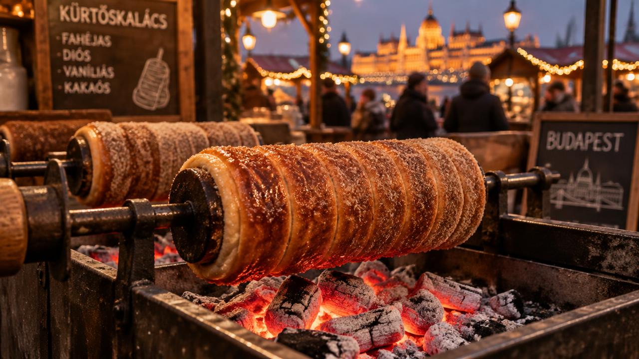 Kürtőskalács chimney cake roasting over charcoal at a Budapest street stall