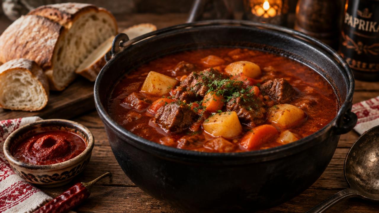 Hungarian goulash soup served in a traditional kettle bowl with bread