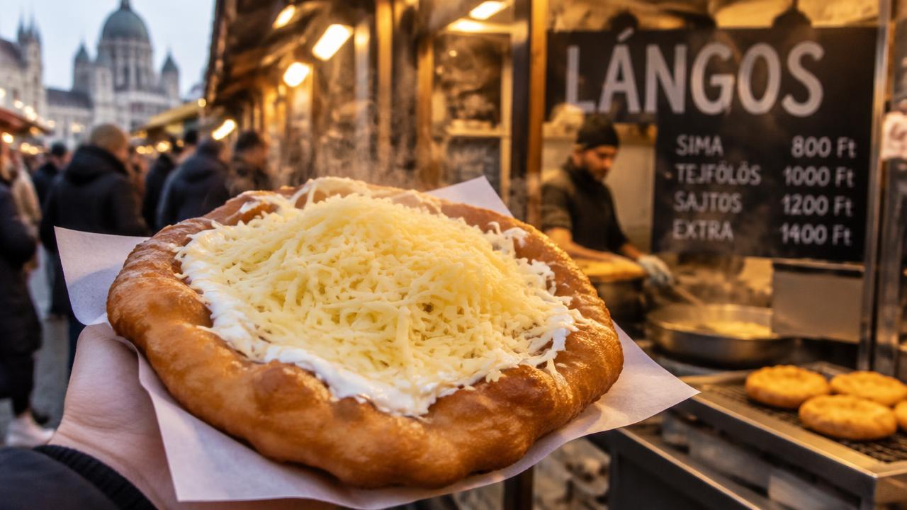 Lángos topped with sour cream and grated cheese at a Budapest market stall