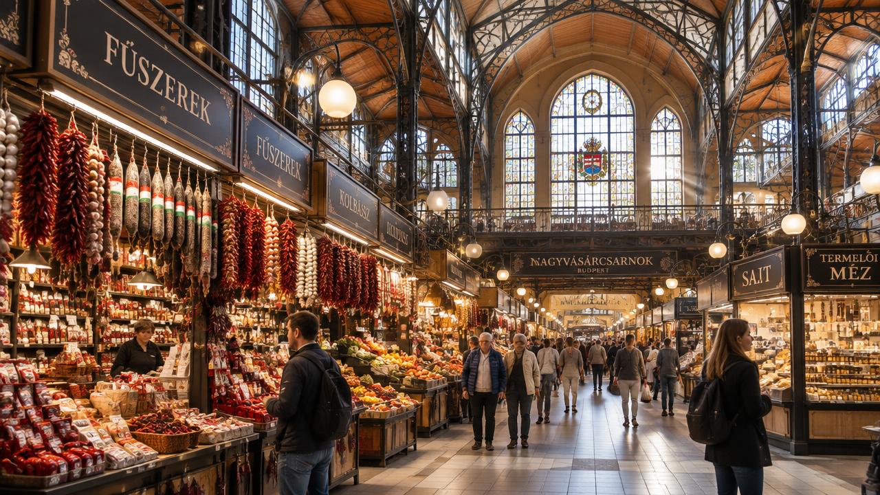 Interior of a historic Budapest market hall with paprika and salami stalls