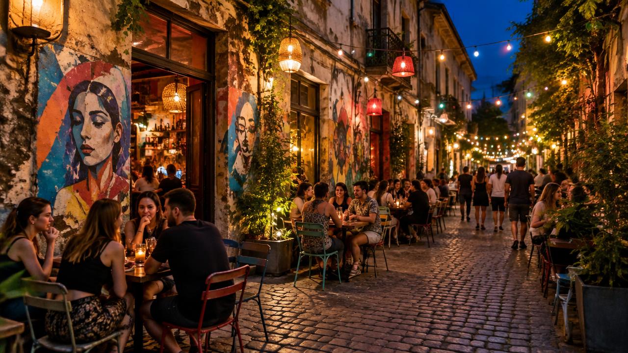 Budapest ruin bar district street with street art and outdoor tables in the evening