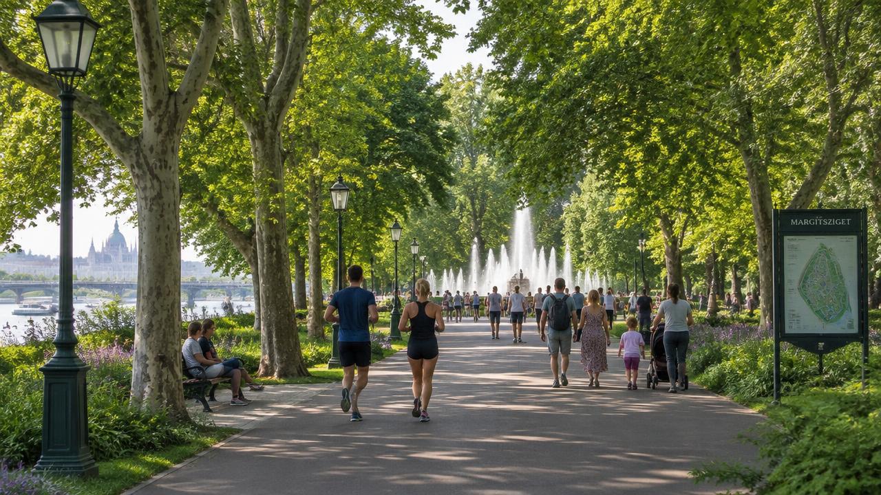 Tree lined walking path and fountain on Margaret Island in Budapest