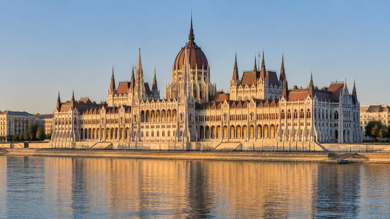The Hungarian Parliament seen from the Danube in the morning light
