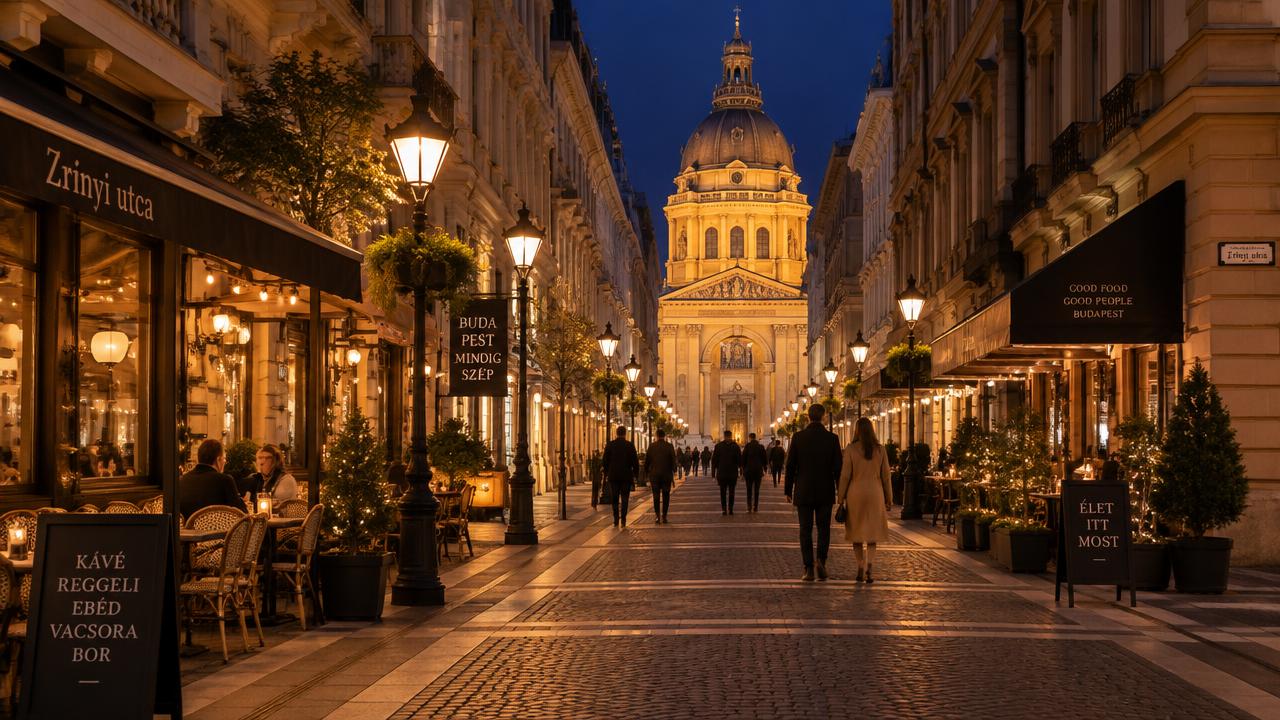 Quiet Budapest street at night leading to the illuminated St Stephen's Basilica